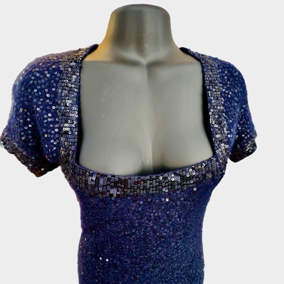 Donna Karen New York Sweater Dress Navy Sequins Square Neck Short Sleeve Small - Picture 6 of 10